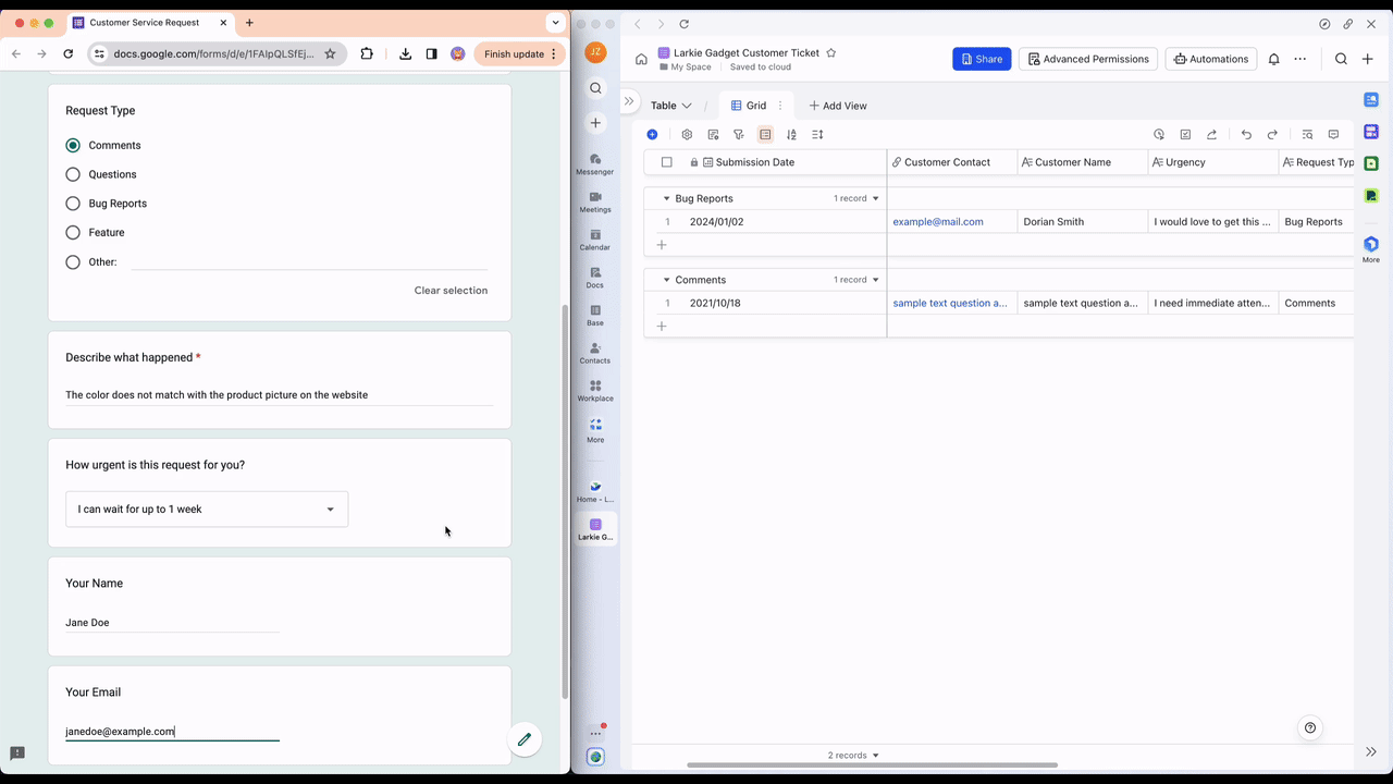 Tối ưu hóa việc giải quyết yêu cầu từ khách hàng bằng cách tự động chuyển dữ liệu từ biểu mẫu sang bảng (Lark Base)